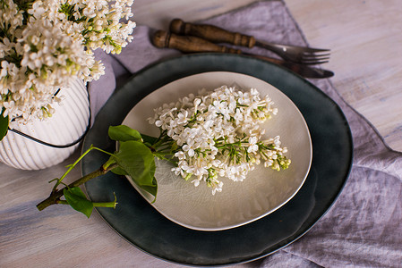 带白银色的春桌设置绳索餐具风格装饰花束桌子银器桌面丝带胃口背景图片