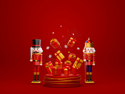 红色小夹子胡桃夹子与圣诞礼物讲台圣诞快乐和新年快乐3d 它制作图案背景