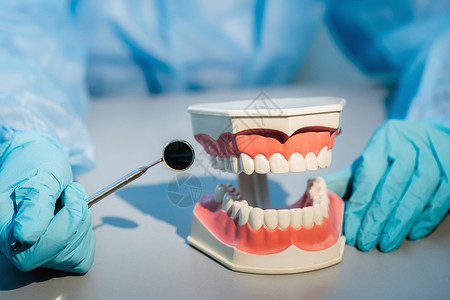 戴蓝色手套和面具的牙医拿着上下颌的牙科模型和牙镜制品矫正牙桥牙科技师陶瓷诊所女士药品卫生示范背景