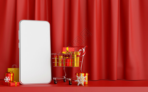 手机分期购传单在智能手机 concept3上在线购物的圣诞海报背景