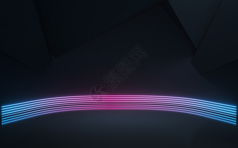 空荡荡的房间和带有深色背景的霓虹灯 3d 渲染地面反射展览数字陈列柜展示坡度陈列室技术几何学背景图片