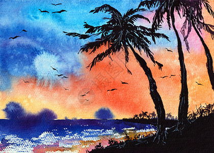 热带手绘棕榈树水彩插图原创艺术热带海滩艺术绘画在纸上 在橙色黑色和蓝色颜色的日落 可用于墙纸打印和背景背景