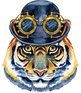 老虎帽子戴着圆顶礼帽和蒸汽朋克护目镜的老虎 白色背景上带有飞溅的水彩插图背景