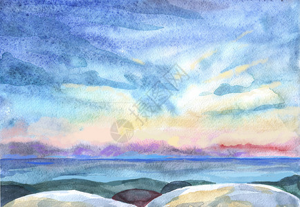 石头手绘水彩手绘风景与鹅卵石海滩和海洋绘画日落支撑热带海浪太阳手工墙纸海景插图背景