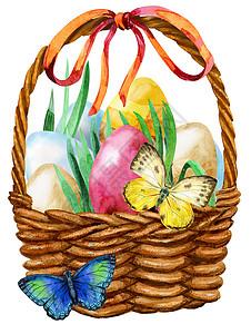 小蝴蝶装饰复活节篮子与蝴蝶的水彩插图背景