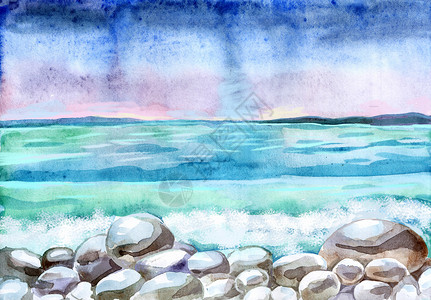 水彩手绘风景与鹅卵石海滩和海洋太阳墙纸海景绘画卵石艺术插图地平线海岸线蓝色背景