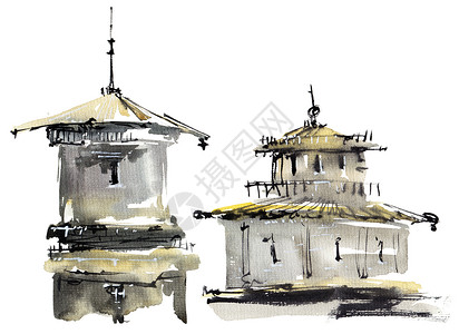 塔楼水彩图草图墨水刷子文化黑色寺庙灰阶钟楼建筑学手绘背景图片