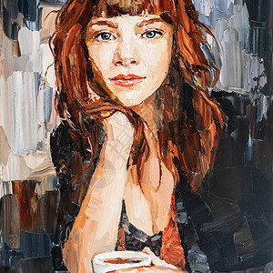 女孩在咖啡馆喝咖啡杯子咖啡店手指嘴唇咖啡棕色女士眼睛女性印象派背景图片