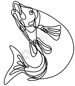 Lake Trout 湖曲向上跳跃连续线绘图艺术品湖鳟舌头流体单线鳟鱼绘画淡水艺术涂鸦背景图片