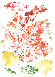水彩枫叶用印有叶子图案的画笔绘制的彩色绿色黄色背景背景