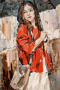 油画伞雨中的女孩手里拿着雨伞笔触浮雕宏观艺术女性毛衣头发帆布嘴唇绘画背景
