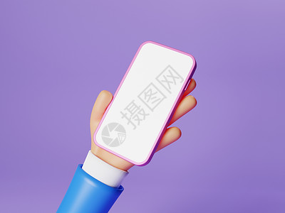 商务人士卡通人物手持智能手机 紫色背景上带有白色隔离屏幕显示 男人手使用手机样机 最小的经营理念 3D插画渲染背景图片