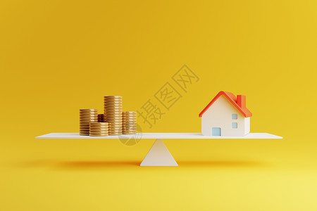 房子主题素材房子和硬币在黄色背景上的天平上 房地产业务抵押投资和金融贷款概念 省钱和现金流量主题 3D插画渲染平面设计背景