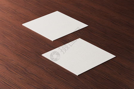 卡片插画木制棕色桌子背景上的白色方形纸制名片样机 品牌展示模板印刷图形设计 两张卡片模拟 3D插画渲染笔记横幅营销长方形邮政正方形纸板木背景