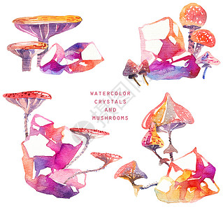 水彩蘑菇和水晶高清图片