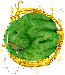 荷花水彩风格彩色水彩背景 绿色和金色圆圈插图中风艺术品飞溅创造力刷子打印框架艺术墨水背景