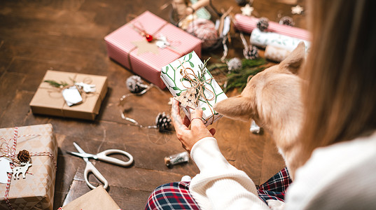 最是一年好时节女性被耕种者坐在地板上准备天然生态礼物 配有装饰元素 圣诞快乐或新年DIY包装概念是圣诞节的一天还是一年?背景