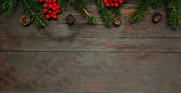 新年装饰品的圣诞背景枞树横幅杉锥锥体红色浆果绿色背景图片