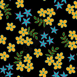 礼品图案无缝花纹 简单的彩色背景与花黄色涂鸦花瓣礼品树叶织物创造力蓝色绿色剪贴簿背景