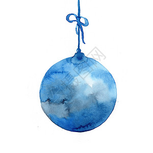 约惠冬季蓝色的水彩抽象圣诞球 松树背景的装饰元素 新年假期圆圈玩具 艺术手绘图案上惠特孤立玻璃卡片装饰品风格海报派对白色绘画背景
