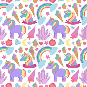 彩虹小马与独角兽彩虹水晶和其他元素的无缝模式 卡通风格的背景 用于包装和更多 mor背景