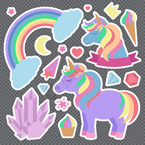 星星彩虹蛋糕可爱独角兽和其他元素 背景上贴有一套标签背景