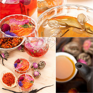 收集不同药用茶类混合混凝料芳香草本植物花瓣拼贴画茶壶早餐食物玻璃叶子收藏背景图片