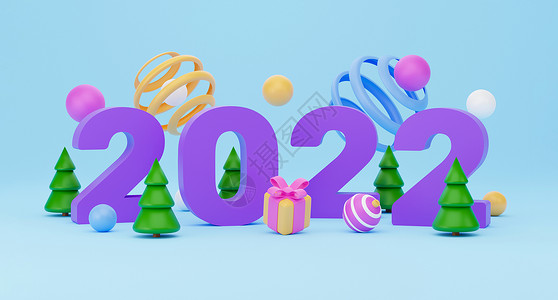 气球盒2022 年新年横幅 3d 渲染 抽象彩色几何背景 五彩球 气球 原始形状 简约设计 圣诞快乐和新年快乐贺卡问候语玩具日历派对盒背景