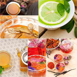 收集不同药用茶类混合混凝料作品收藏食物芳香杯子桌子健康草本植物拼贴画茶壶背景图片
