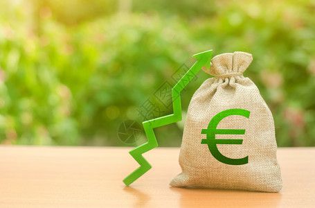 绿色返回箭头与欧元符号和绿色向上箭头的钱袋子 增加利润和财富 工资的增长 有利的商业条件 招商引资 贷款和补贴 有利条件背景