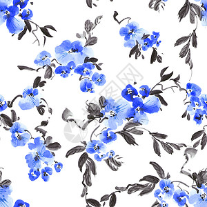 蓝色墨水布花树分支卡片蓝色繁荣手工花序绘画花园插图艺术刷子背景