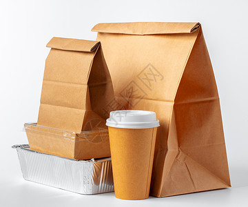 咖啡盒子一套白色背景的可再循环食品包装 用于容器咖啡炙烤送货纸盒桌子命令服务美食午餐背景