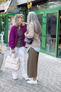 高级女士和银发朋友在现代市街上见面会会谈背景图片