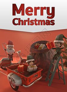 ktv促销海报3d 插图 圣诞促销模板 在线购物的概念 圣诞老人和小精灵一辆老式滑板车 徽标和文本的复制空间礼物海报摩托车明信片新年雪花问候语背景