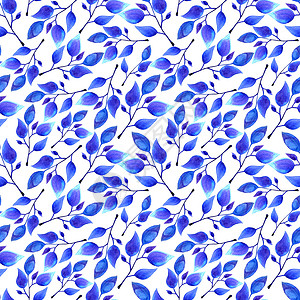 蓝色水彩手绘手绘水彩蓝叶无缝花纹花瓣花园墙纸装饰品纺织品蓝色艺术品织物植物艺术背景