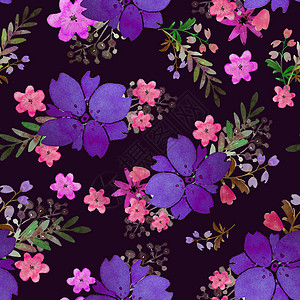 深色水彩浪漫无缝花纹与花和叶 无休止的纺织壁纸打印 手绘水彩元素 美容花束 粉紫色 绿色的 深色背景上的粉红色背景