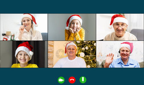 在线头像素材虚拟圣诞会议团队远程办公 家庭视频通话远程会议计算机网络摄像头屏幕视图 不同的肖像头像在他们的家庭办公室工作 在线欢乐时光派对技背景