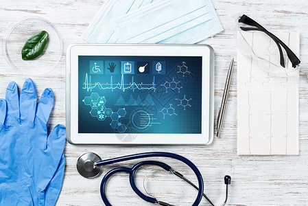 医生平板现代社会医疗保险计划应用扫描健康保险医生技术程序医疗展示安全平板背景