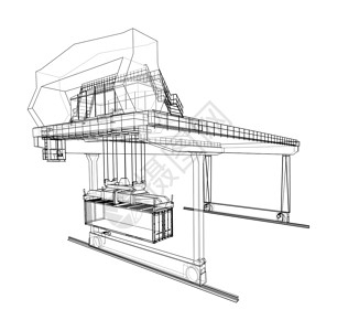 扁平化物流图铁路架设的集装箱起重机概要卸载仓库加载院子贸易货运出口悬臂草图后勤背景