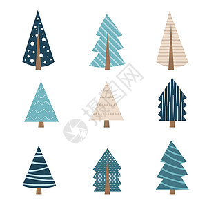 形状不同的叶子不同形状组装的蓝色棕色圣诞树 xmas 树收藏背景