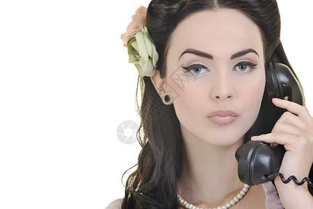 用旧电话聊天的漂亮女孩技术服务女孩寂寞情感戒指女性电缆女士古董图片