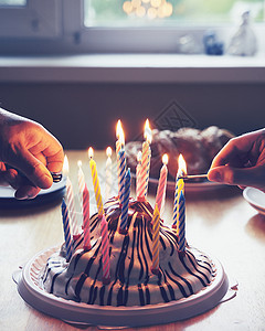 生日蛋糕多彩 手烧了十九根蜡烛的生日晚会高清图片