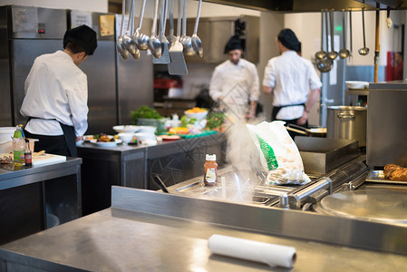 厨师忙碌做饭的小组厨师和厨师酒店职员职业厨房餐厅成人餐饮男人男性盘子背景