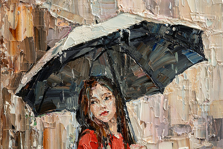 油画伞雨中的女孩手里拿着雨伞嘴唇宏观头发毛衣艺术女性调色女士浮雕笔触背景