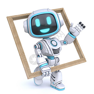 立体框架蓝色可爱机器人握着木木框3D背景