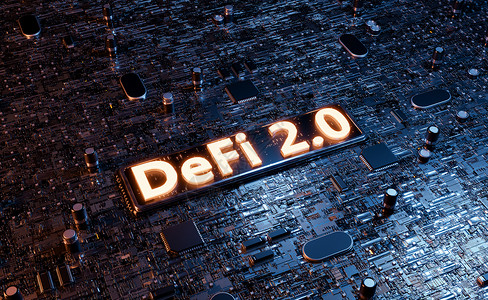 DeFi 2 0 电子主机芯片上的DeFi 2 0 符号背景图片