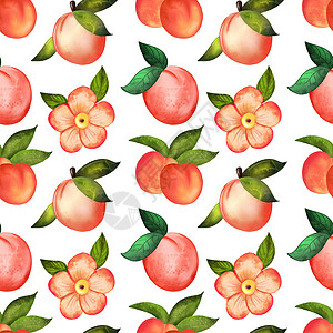 水果图案白色背景下桃花的插图数字水彩无缝图案甜点纺织品叶子织物打印墙纸装饰品风格包装食物背景