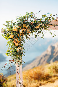 玫瑰城幸在山地背景下 装饰着玫瑰和绿色树枝的结婚拱门角 在山上背景