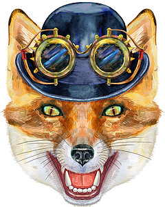 狐狸头戴戴护目镜的保龄球帽 水彩狐狸绘画插图 在白色背景上被孤立图片