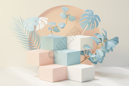 圆柱盒子带有热带树叶和蓝色柔和植物场景的抽象基座讲台展示的 3d 渲染 广告的产品和促销概念 蓝色柔和的自然背景工作室插图立方体奢华推介背景
